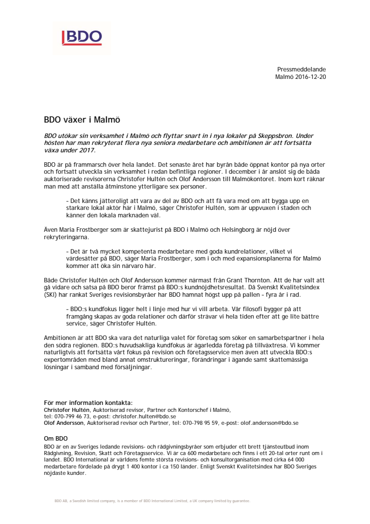 BDO växer i Malmö