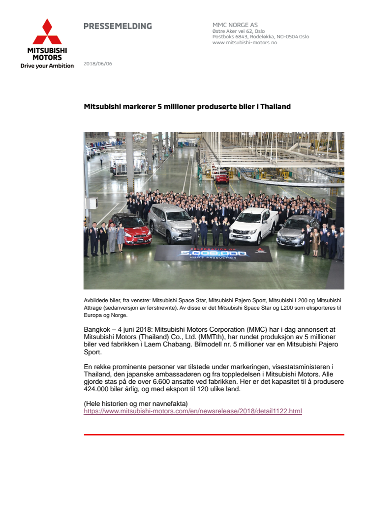 Mitsubishi markerer 5 millioner produserte biler i Thailand