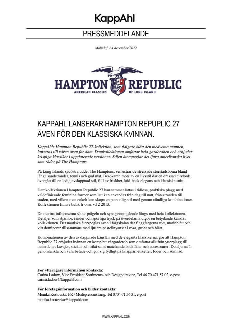 KappAhl lanserar Hampton Republic 27 även för den klassiska kvinnan