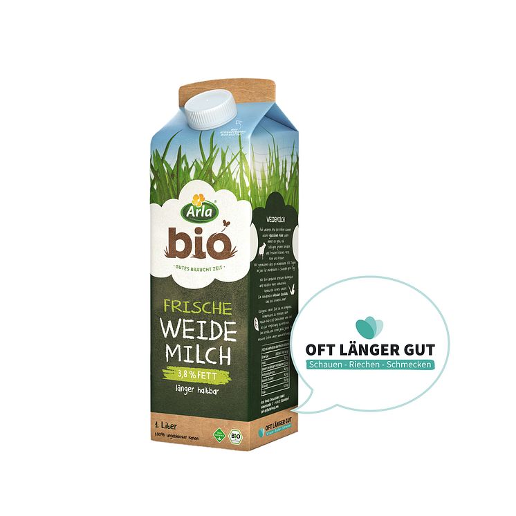 Arla Bio Weidemilch mit dem Aufdruck "Oft länger gut" 