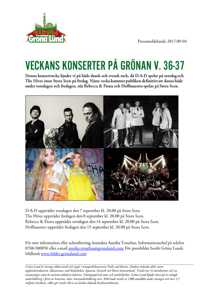 Veckans konserter på Grönan V. 36-37