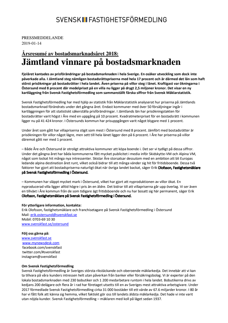 Årsresumé av bostadsmarknadsåret 2018:  Jämtland vinnare på bostadsmarknaden