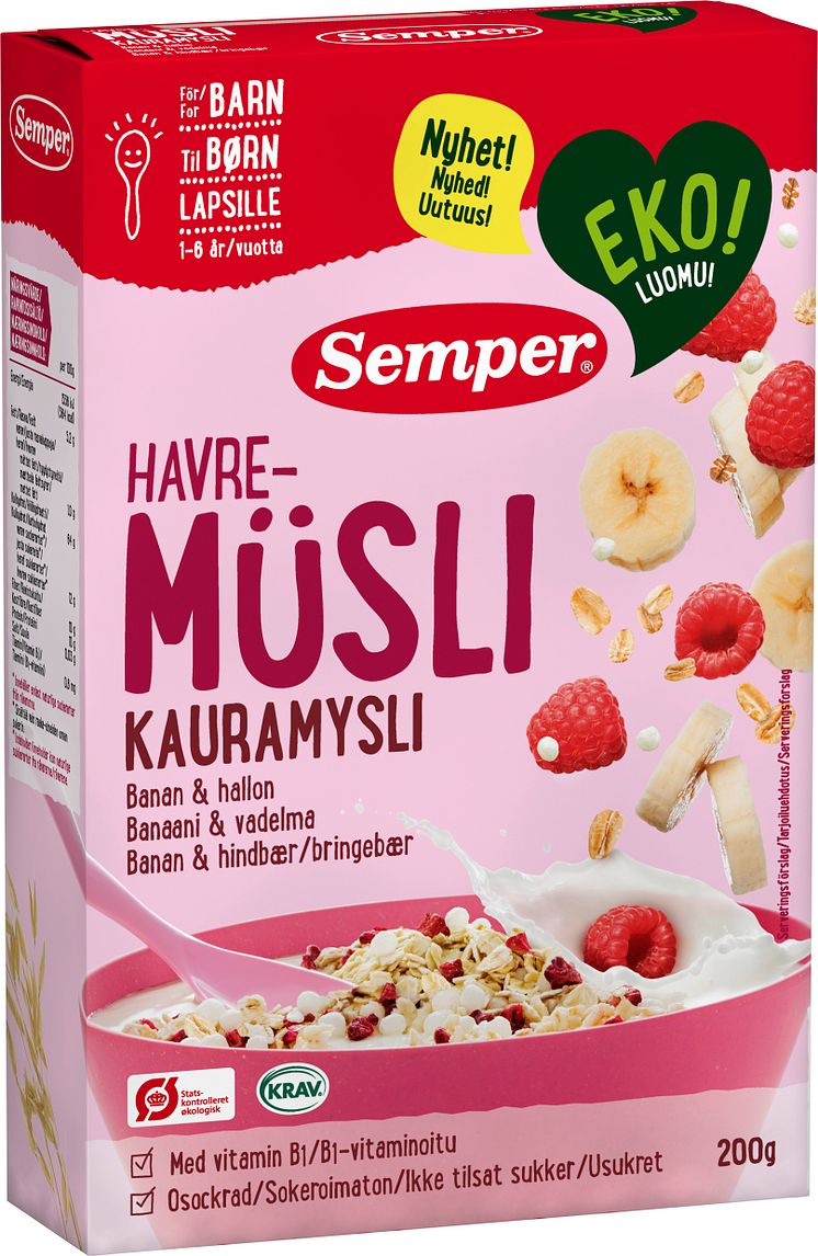 Ekologisk havremüsli med banan och hallon