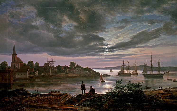 Alene med naturen. Johan Christian Dahl, Larvik havn i måneskinn, 1839