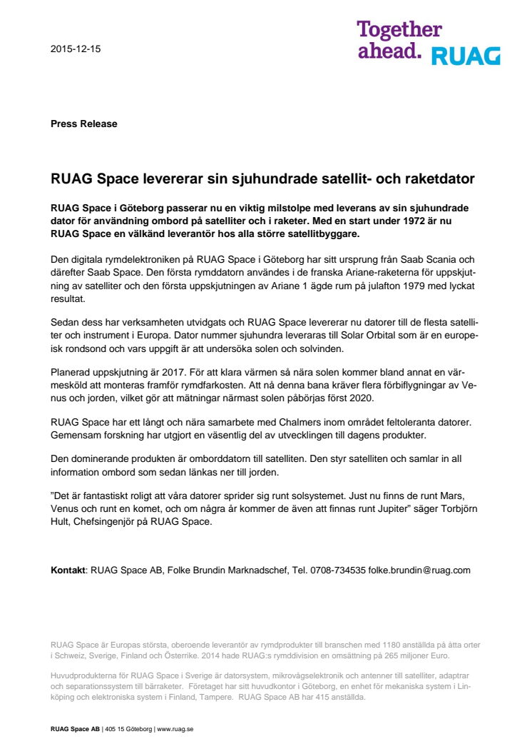 RUAG Space levererar sin sjuhundrade satellit- och raketdator