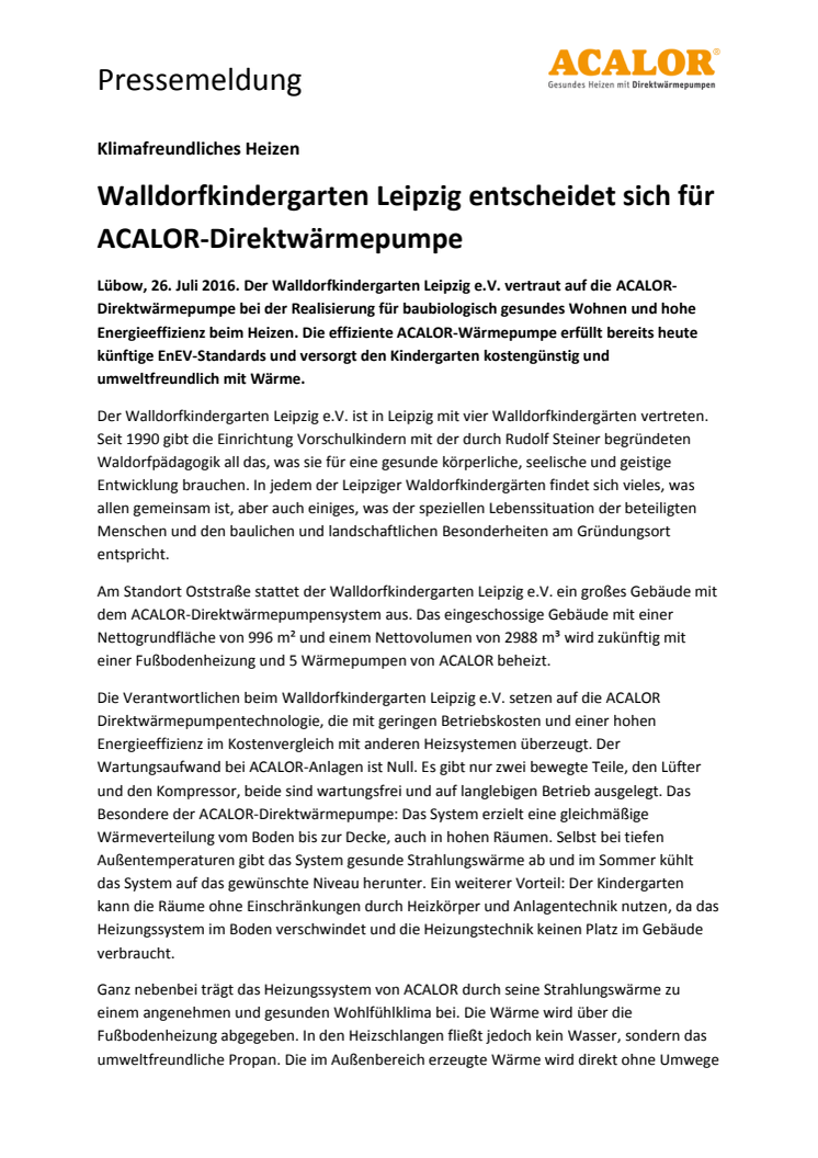 Walldorfkindergarten Leipzig entscheidet sich für ACALOR-Direktwärmepumpe 