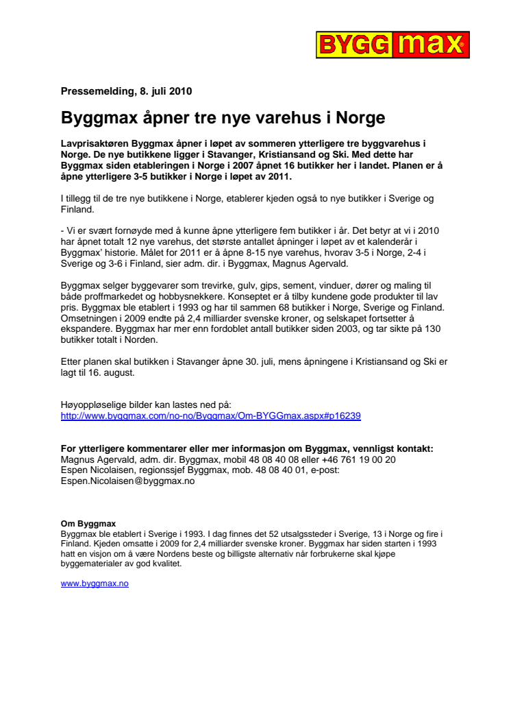Byggmax åpner tre nye varehus i Norge