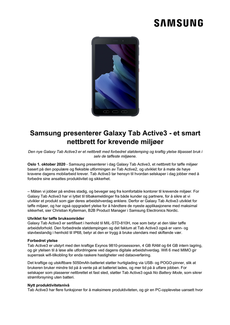 Samsung presenterer Galaxy Tab Active3 - et smart nettbrett for krevende miljøer