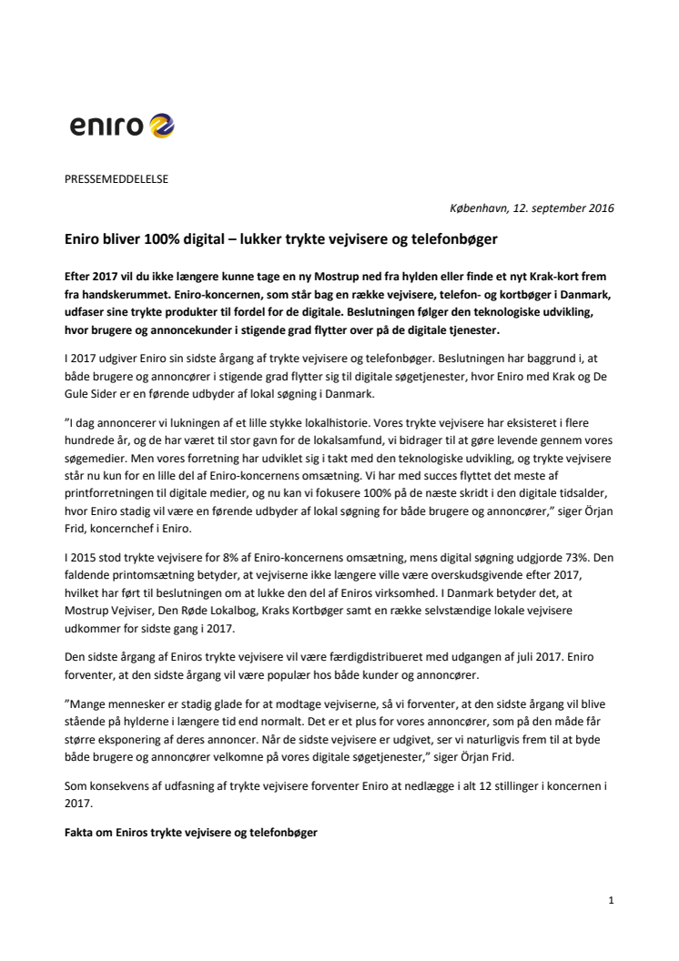 Eniro bliver 100% digital – lukker trykte vejvisere og telefonbøger