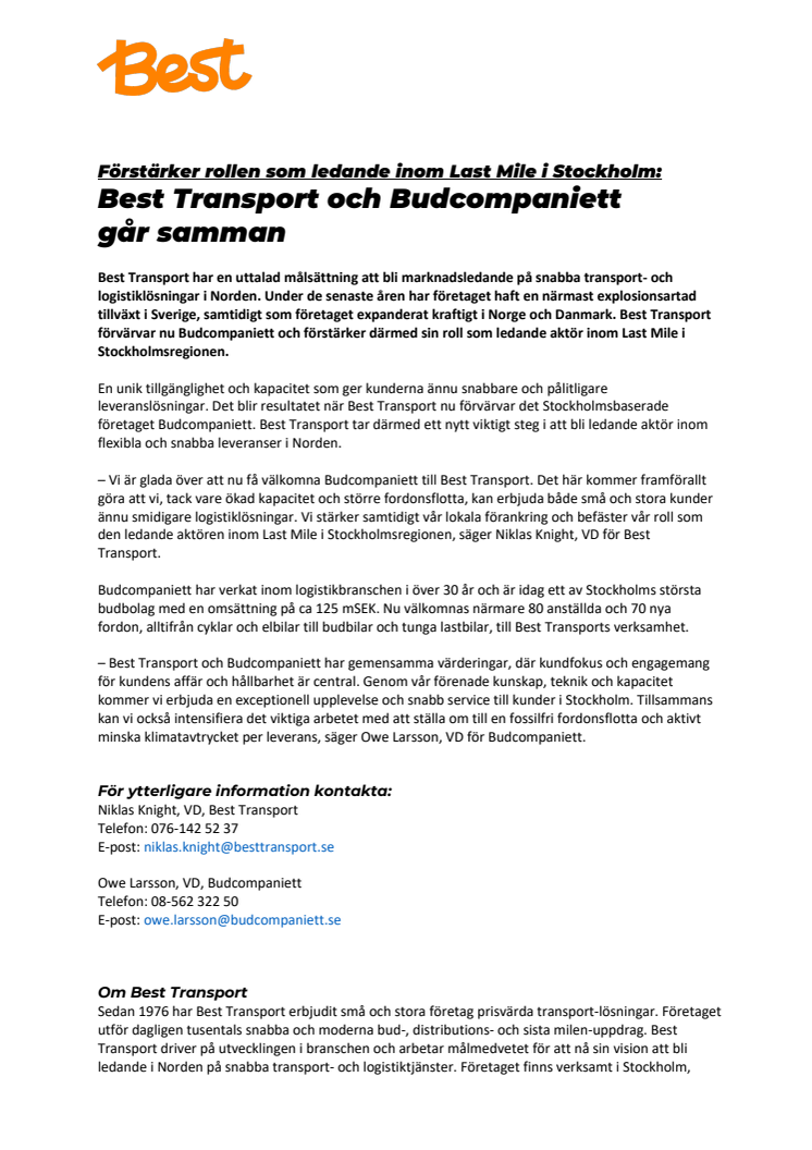 Förstärker rollen som ledande inom Last Mile i Stockholm: Best Transport och Budcompaniett går samman