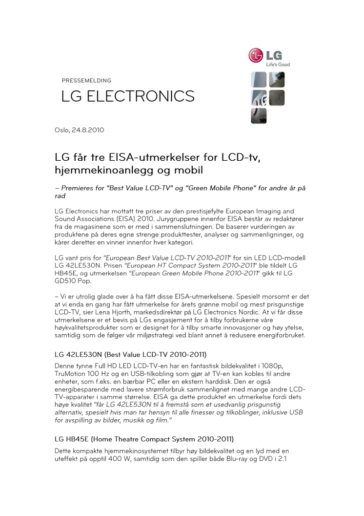 LG får tre EISA-utmerkelser for LCD-tv, hjemmekinoanlegg og mobil