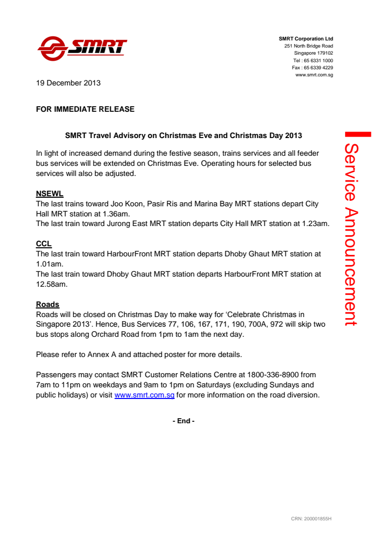 SMRT Travel Advisory on Christmas Eve and Christmas Day 2013