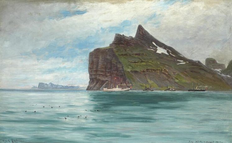 Carl Locher- Parti fra Island fra Kongerejsen i 1907. Sign. Carl Locher Cap Nord, 12. August 1907. Olie på lærred. 82 x 132