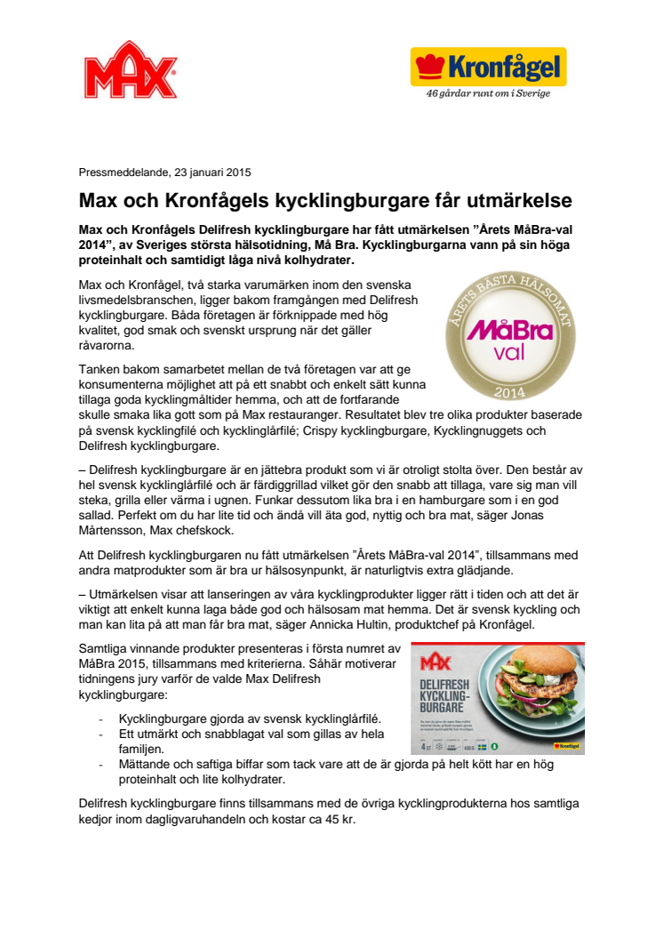 Max och Kronfågels kycklingburgare får utmärkelse