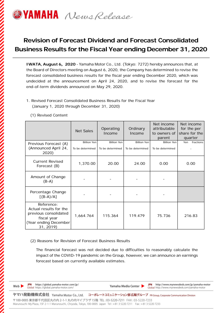 Revision of Forecast Dividend and Forecast Consolidated Business Results for the Fiscal Year ending December 31, 2020