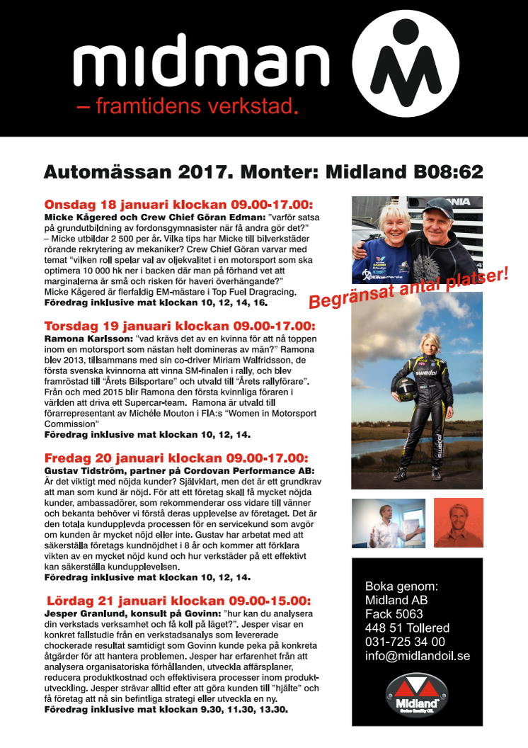 Ramona Karlsson och Micke Kågered lyfter Midman med framtidens bilverkstad på Automässan 2017.