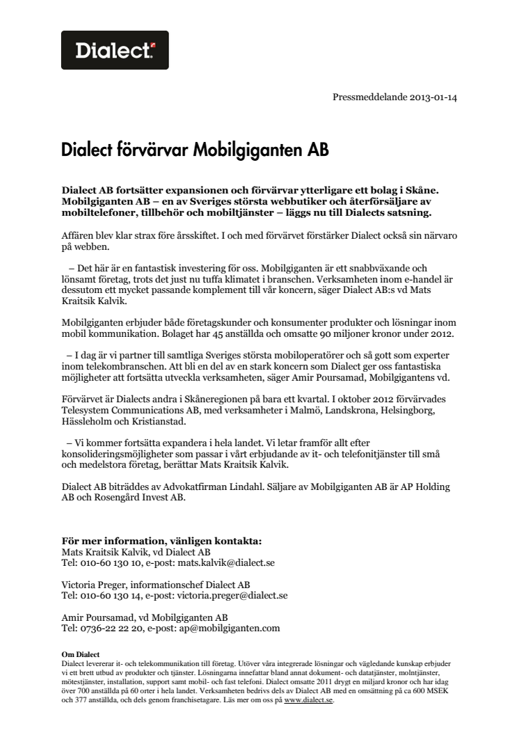 Dialect förvärvar Mobilgiganten AB i Malmö
