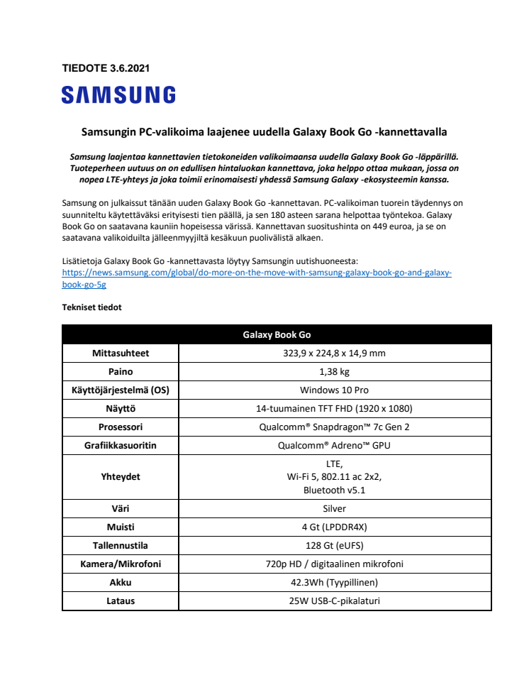 Samsungin PC-valikoima laajenee uudella Galaxy Book Go -kannettavalla