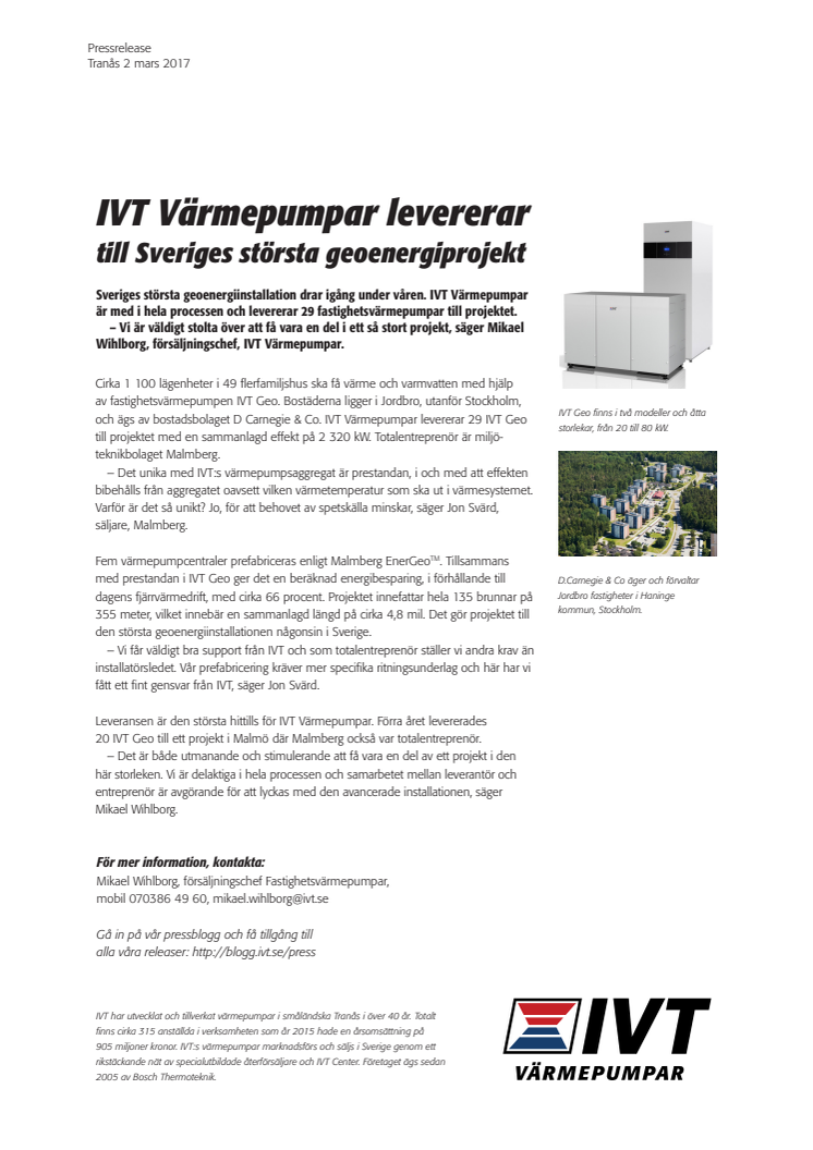 IVT Värmepumpar levererar till Sveriges största geoenergiprojekt