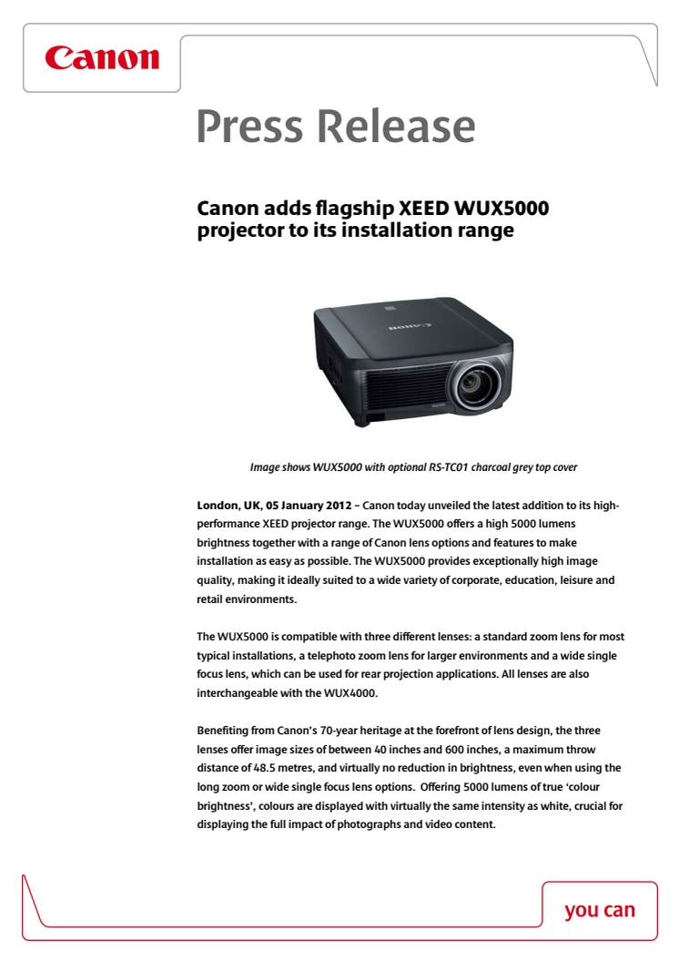 Canon adds flagship XEED WUX5000 projector to its installation range 