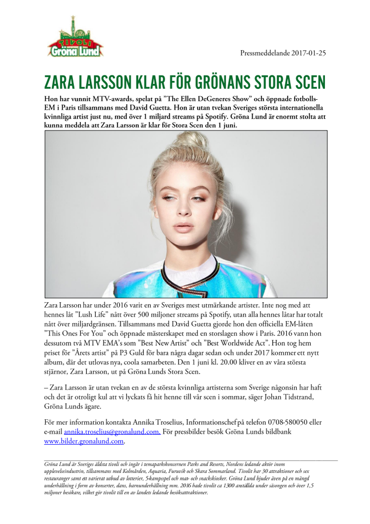 Zara Larsson klar för Grönans Stora Scen