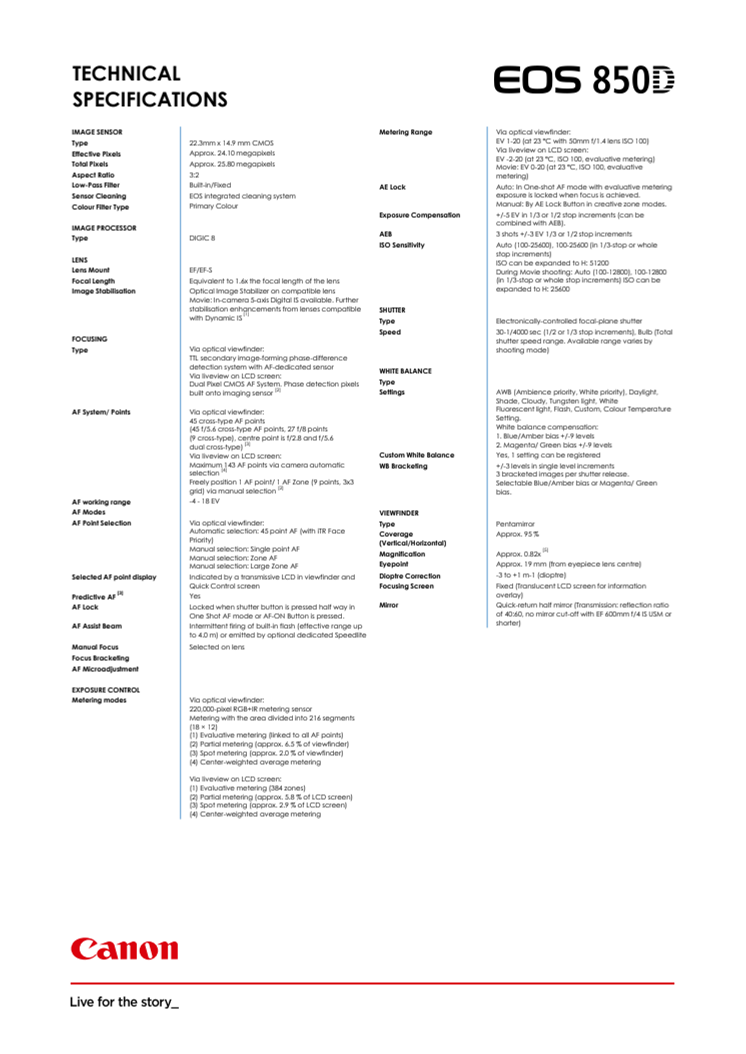Canon Teknisk Specifikation EOS 850D