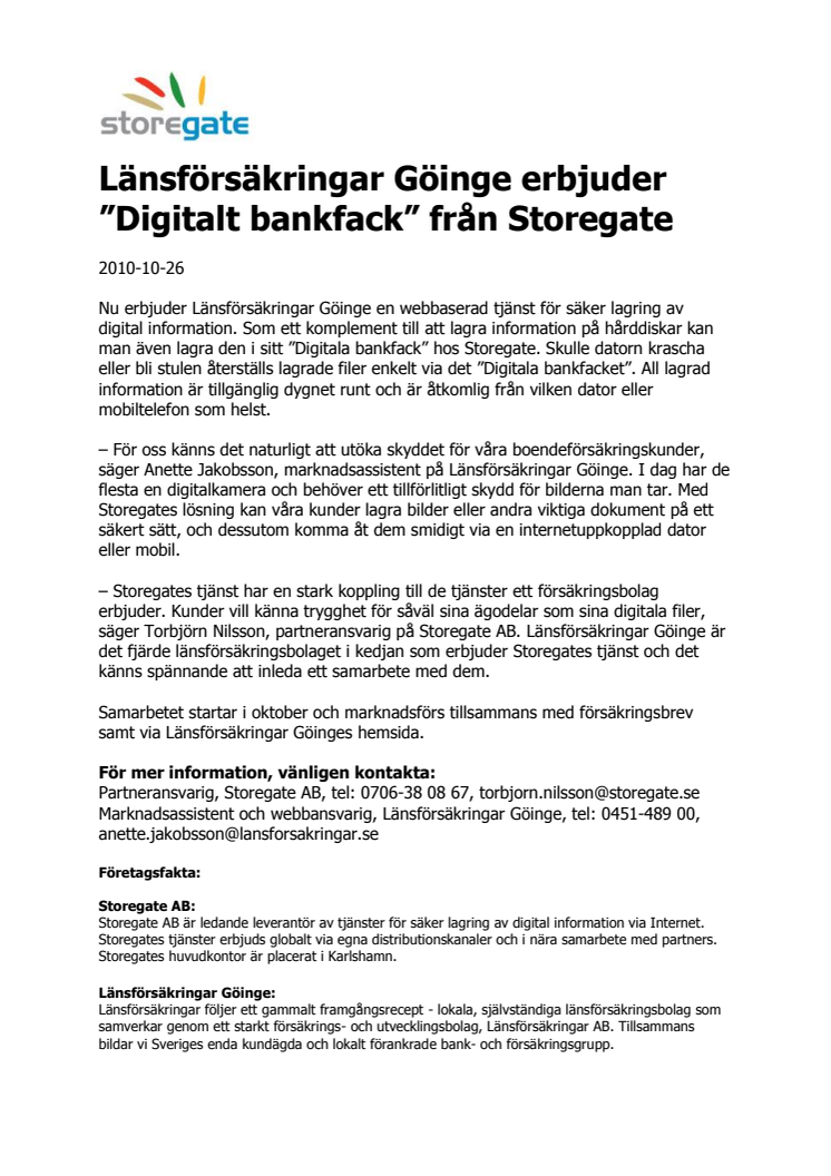 Länsförsäkringar Göinge erbjuder ”Digitalt bankfack” från Storegate