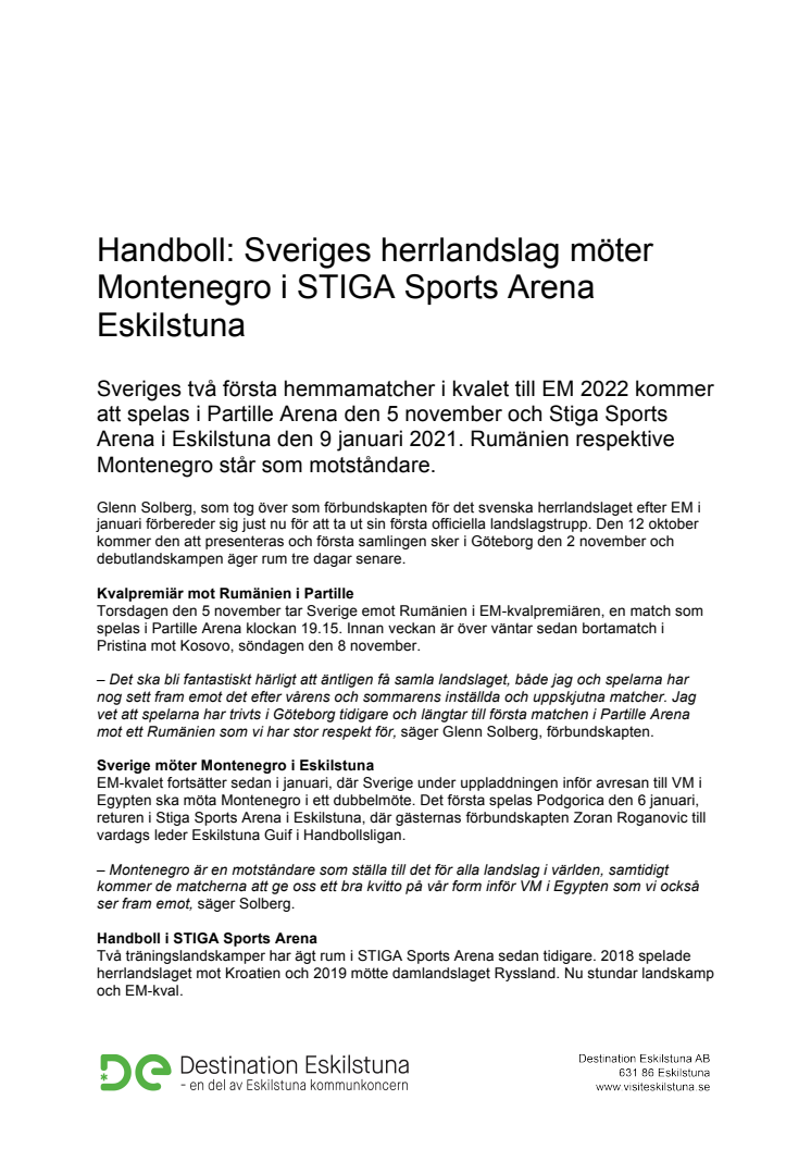 Handboll: Sveriges herrlandslag möter Montenegro i STIGA Sports Arena Eskilstuna
