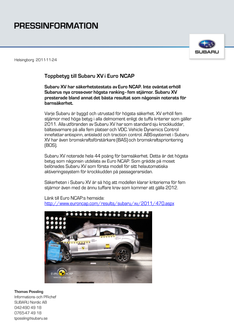 Toppbetyg till Subaru XV i Euro NCAP