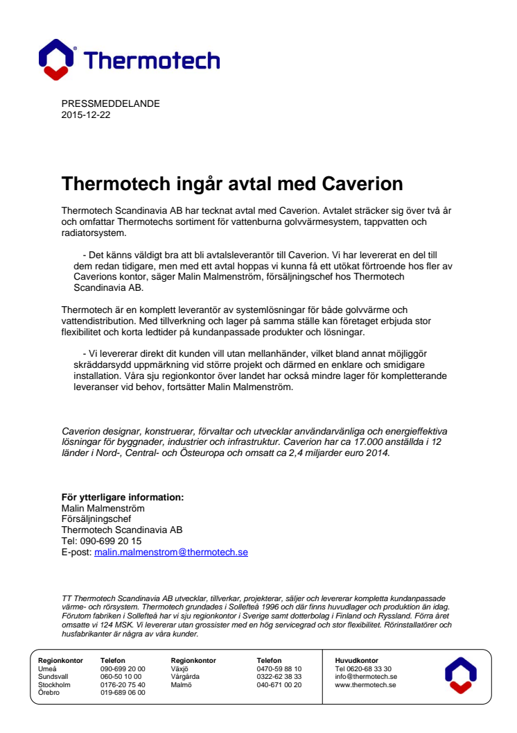 ​Thermotech ingår avtal med Caverion
