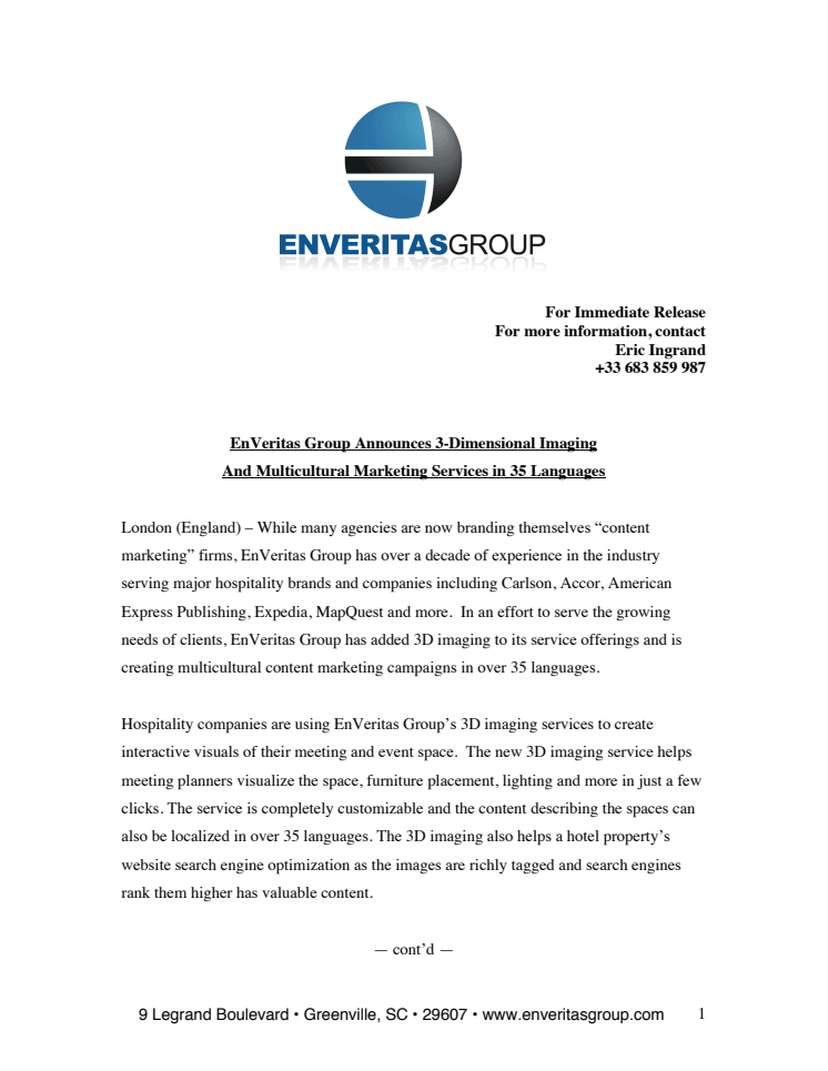 EnVeritas Group Announces 3-Dimensional Imaging And Multicultural Marketing Services in 35 Languages 