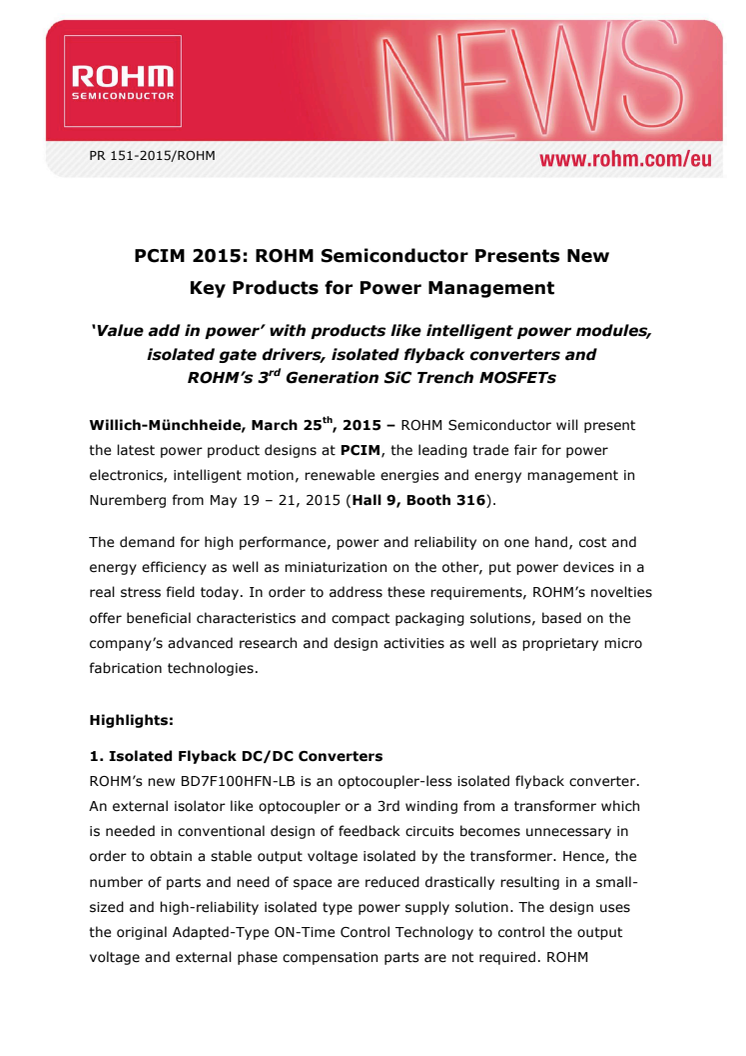 PCIM 2015: ROHM Semiconductor Presents New  Key Products for Power Management 