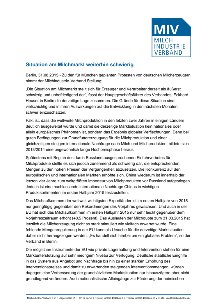 Situation am Milchmarkt weiterhin schwierig
