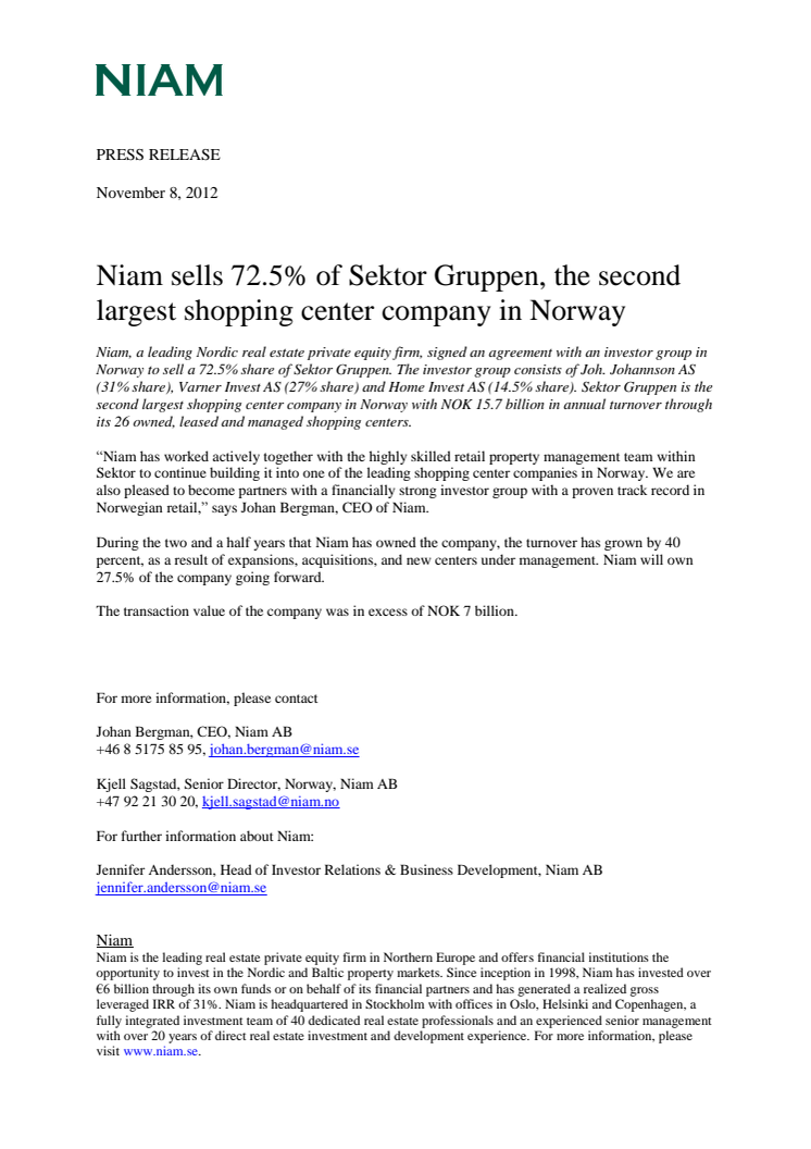Niam sells 72.5% of Sektor Gruppen, the second largest shopping center company in Norway