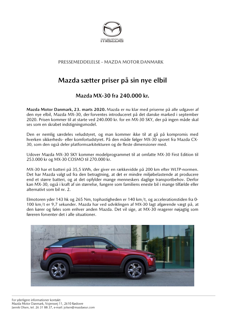 Mazda MX-30: Priser, udstyr og teknik