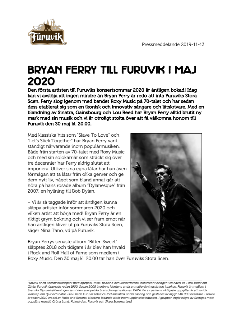 Bryan Ferry till Furuvik i maj 2020