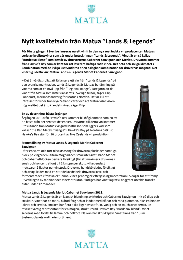  Nytt kvalitetsvin från Matua ”Lands & Legends”
