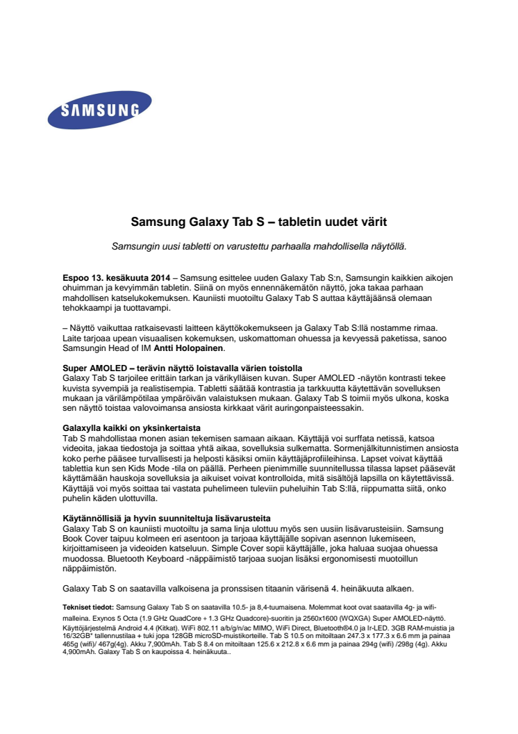 Samsung Galaxy Tab S – tabletin uudet värit