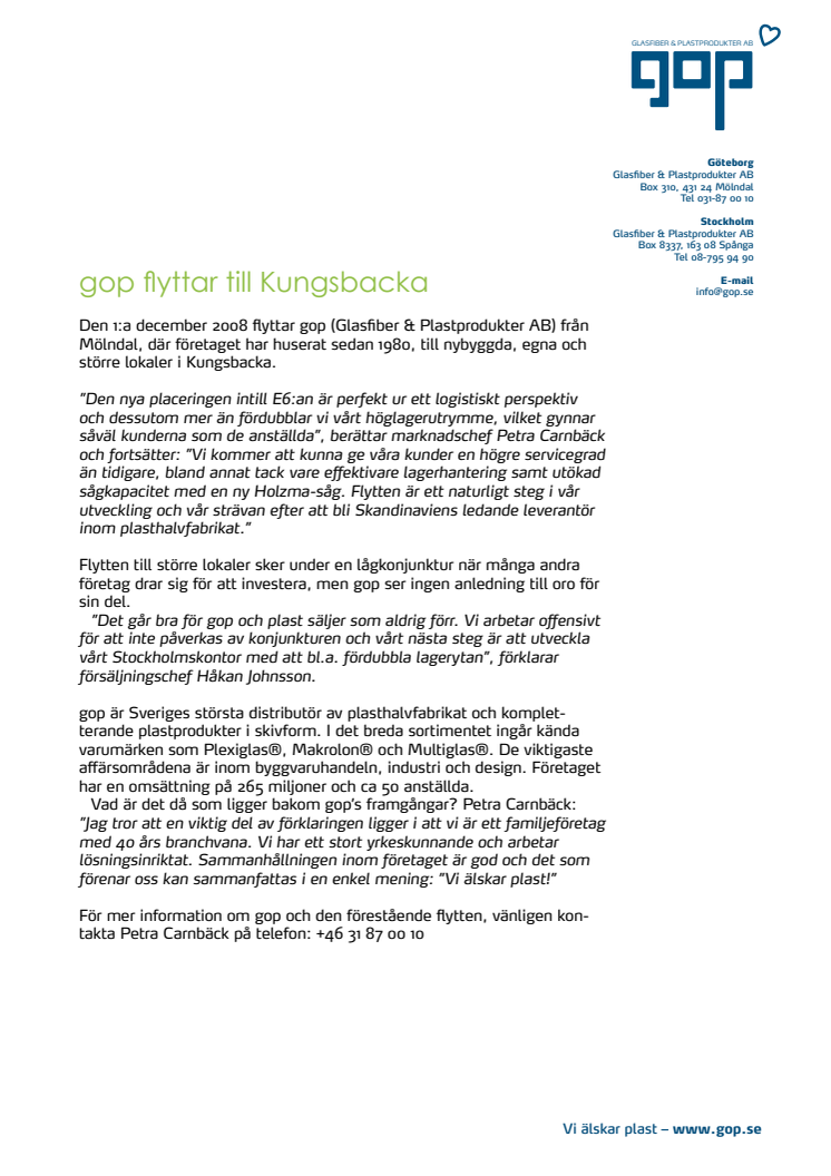 gop - Glasfiber & Plastprodukter flyttar till Kungsbacka.