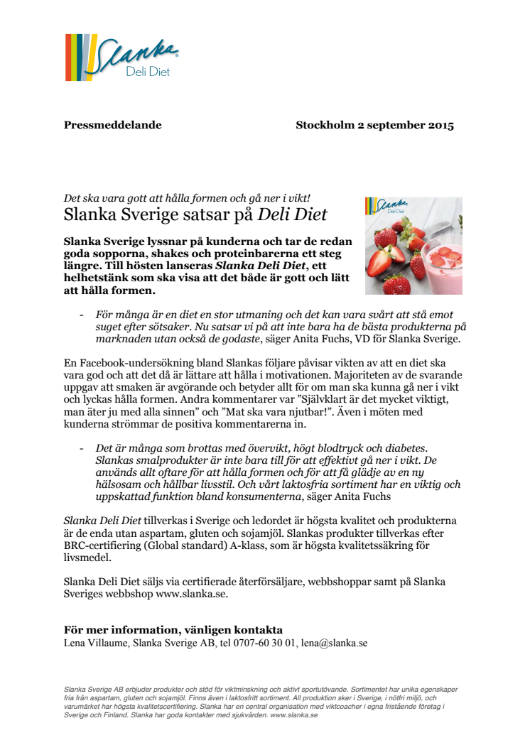Slanka Sverige satsar på Deli Diet  