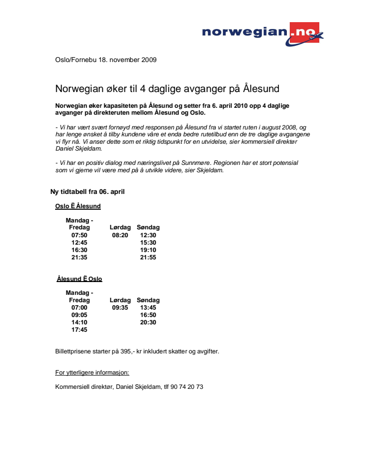 Norwegian øker til 4 daglige avganger på Ålesund