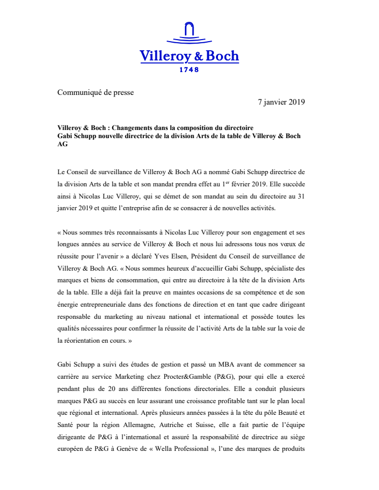 Changements dans la composition du directoire : Gabi Schupp nouvelle directrice de la division Arts de la table de Villeroy & Boch AG