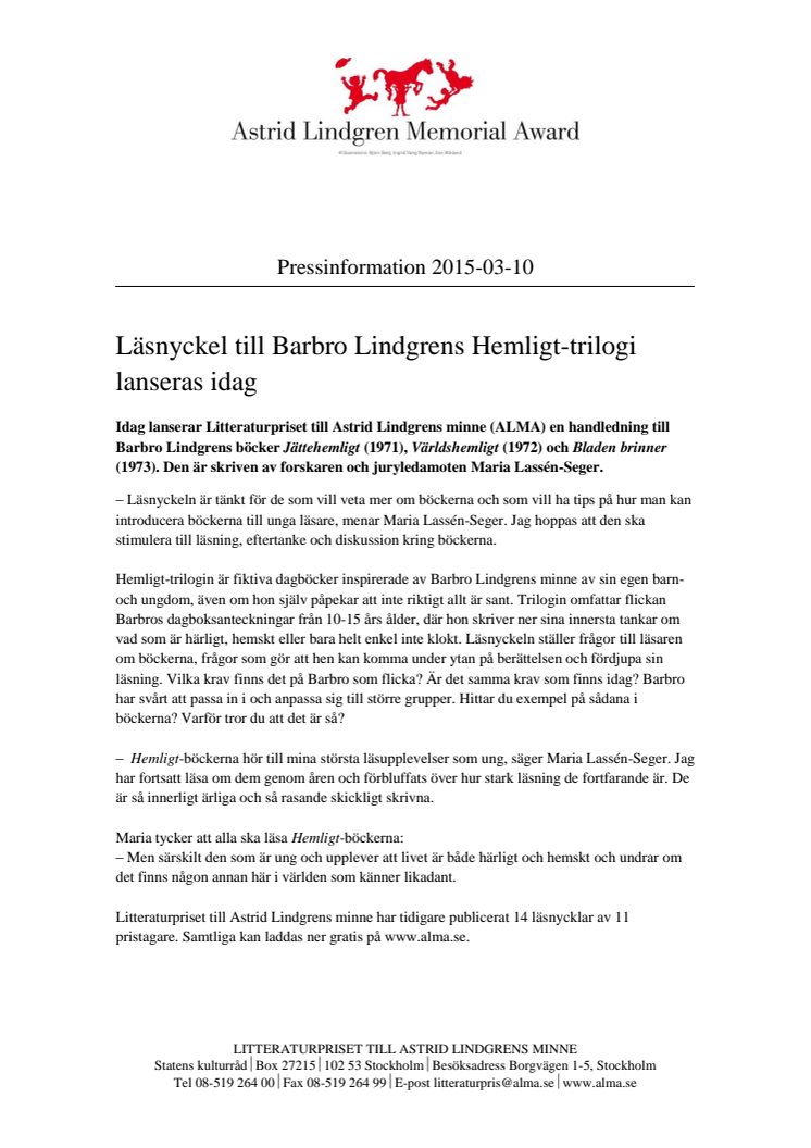 Läsnyckel till Barbro Lindgrens Hemligt-trilogi lanseras idag