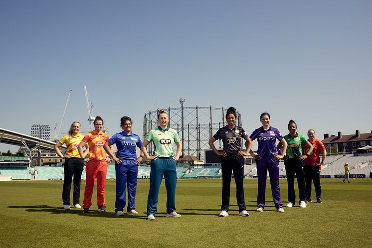 50 Days To Go. Players from all eight The Hundred teams pose together to mark 50 days to go until the competition starts.