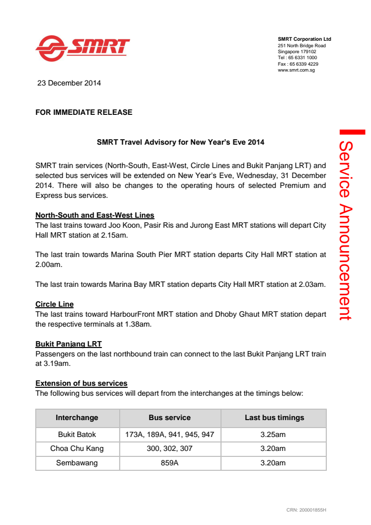 SMRT Travel Advisory for New Year’s Eve 2014