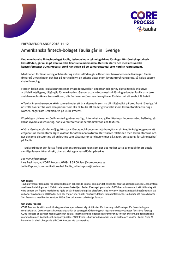 Amerikanska fintech-bolaget Taulia går in i Sverige