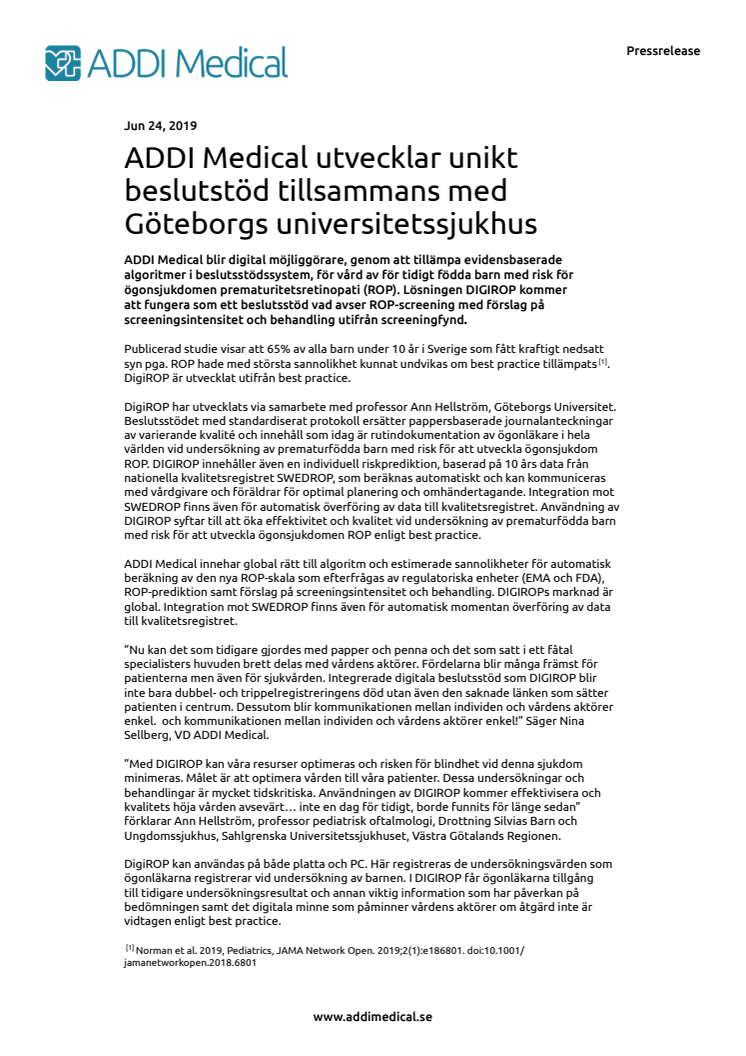 ADDI Medical utvecklar unikt beslutstöd tillsammans med Göteborgs universitetssjukhus