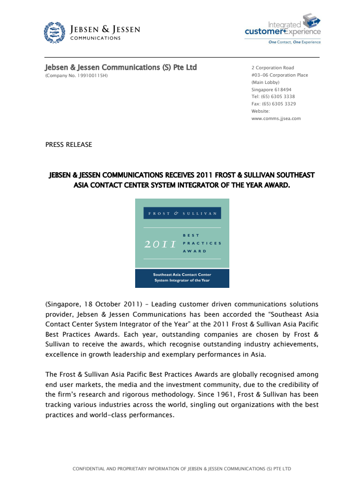 JEBSEN & JESSEN COMMUNICATIONS WINS THE FROST & SULLIVAN CONTACT CENTER SYSTEM INTEGRATOR OF THE YEAR AWARD