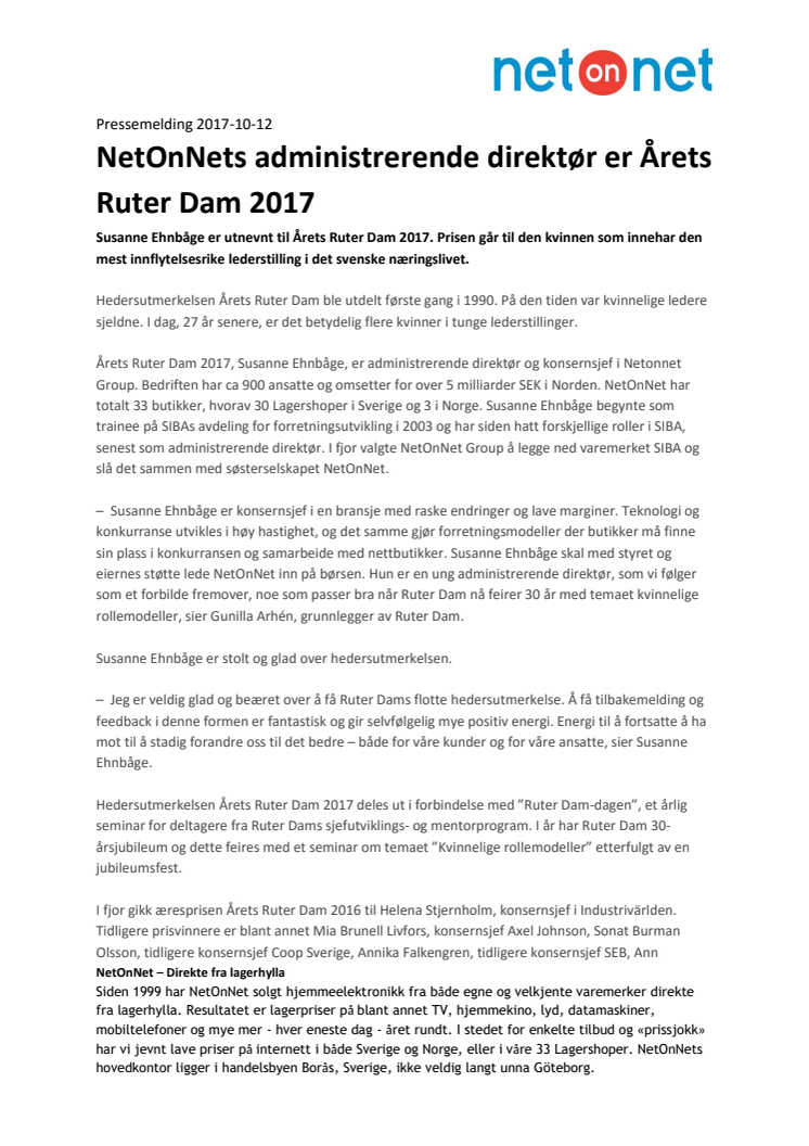 NetOnNets administrerende direktør er Årets Ruter Dam 2017