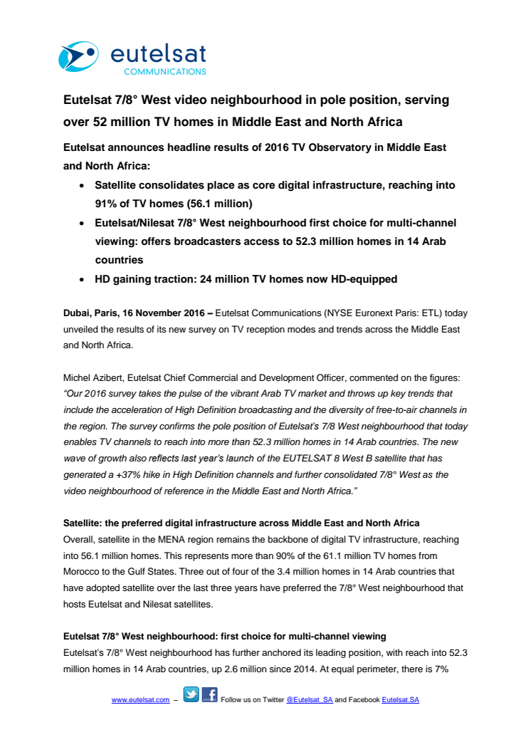 Eutelsat 7/8° West video neighbourhood in pole position, serving over 52 million TV homes in Middle East and North Africa